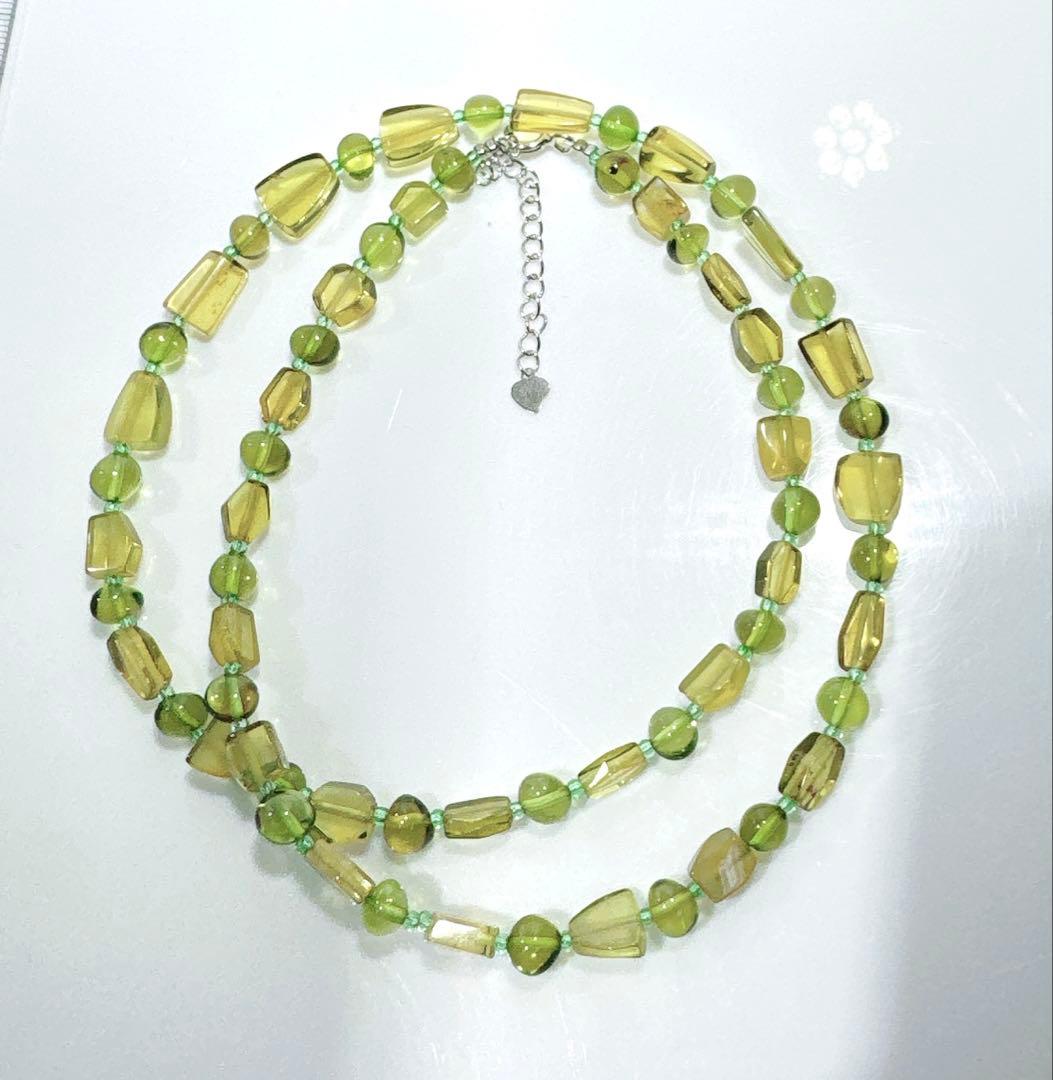 グリーン琥珀ネックレス　グリーンアンバーネックレスNO25-2396