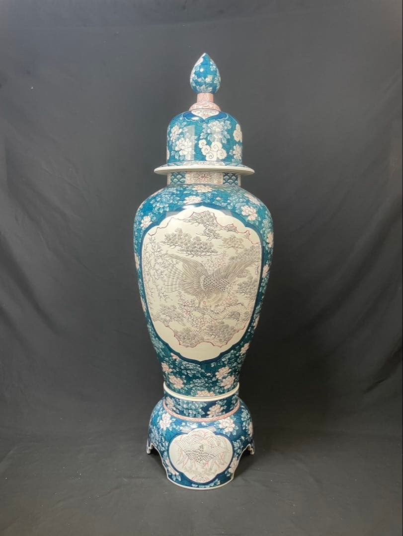 有田焼 特大 染付 牡丹孔雀図 花鳥絵 飾壷 光右衛門作 沈香壺 三段壷 置物