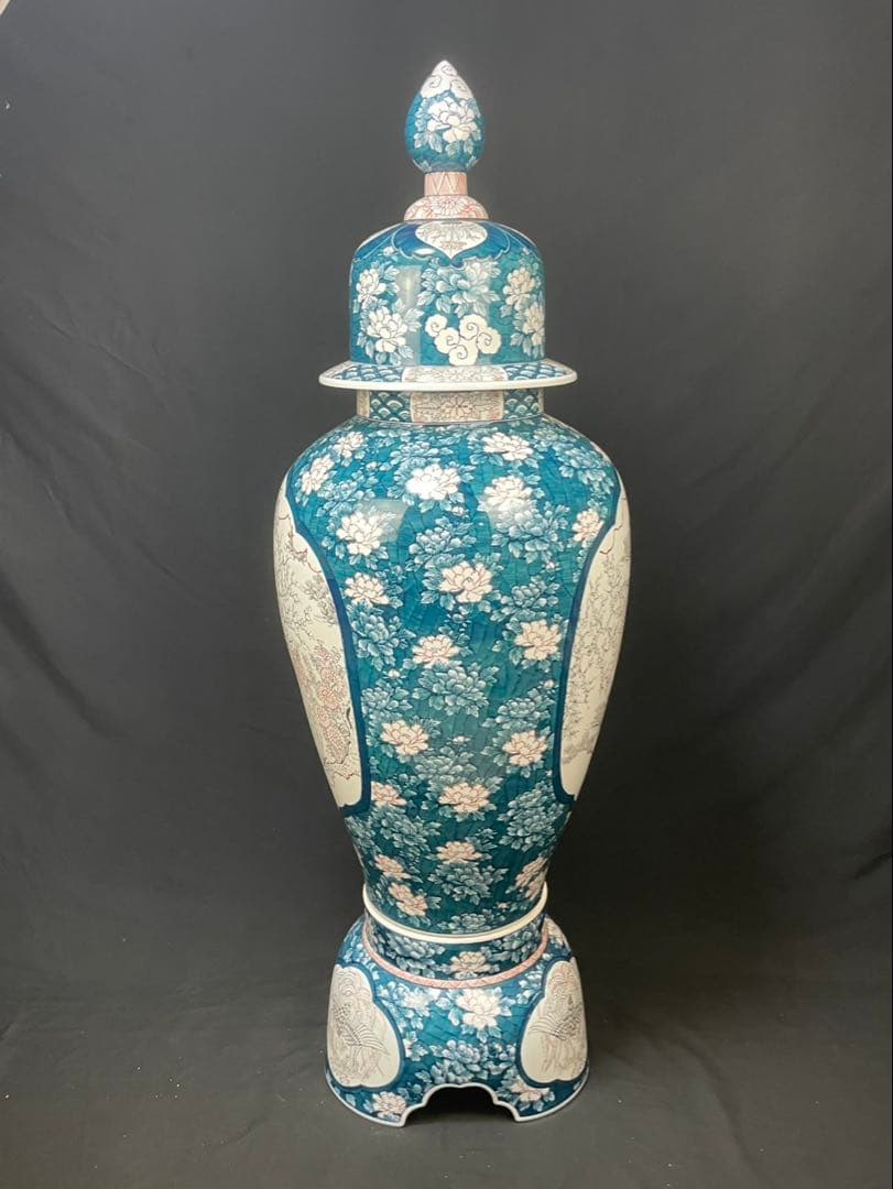 有田焼 特大 染付 牡丹孔雀図 花鳥絵 飾壷 光右衛門作 沈香壺 三段壷 置物