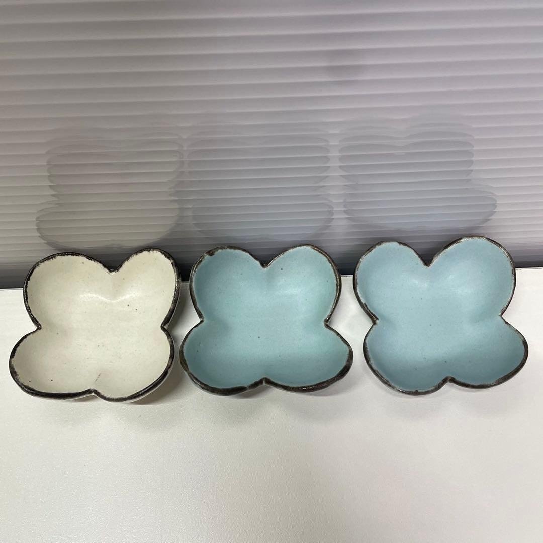 石岡信之 作家物 食器 7点セット 花皿 ヘリンボーン 角皿 豆皿 白 青淡