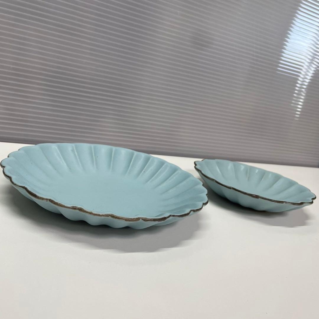 石岡信之 作家物 食器 7点セット 花皿 ヘリンボーン 角皿 豆皿 白 青淡