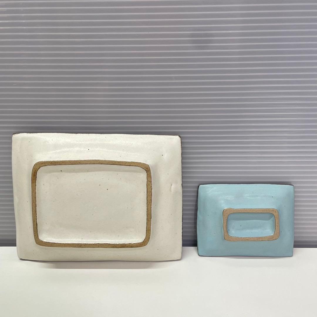 石岡信之 作家物 食器 7点セット 花皿 ヘリンボーン 角皿 豆皿 白 青淡