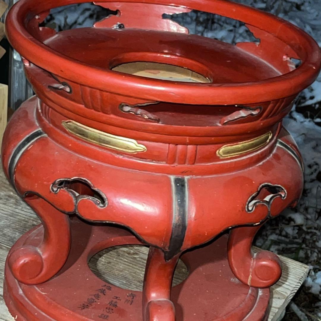 アンティーク　塗り物　漆　りん　台　けいす　木製　特大 おりん　仏具