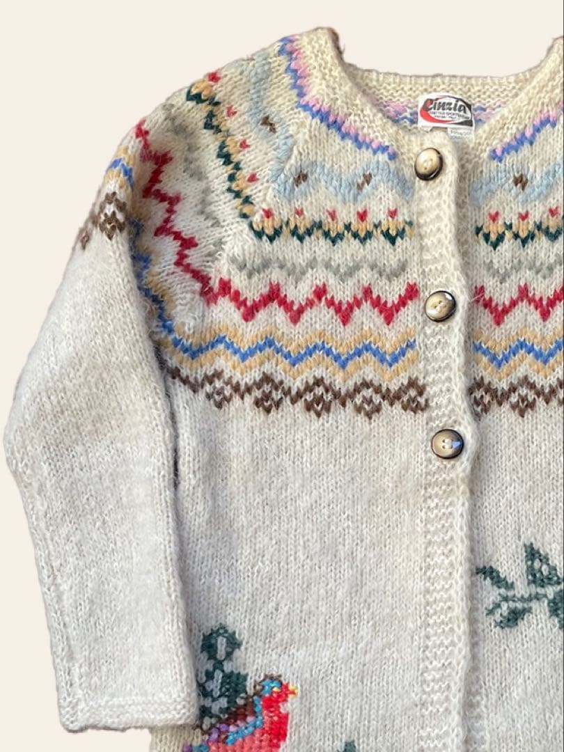 70s ユーロ ヴィンテージ クリーム色 ニット 古着 鳥刺繍 手編み 民族衣装