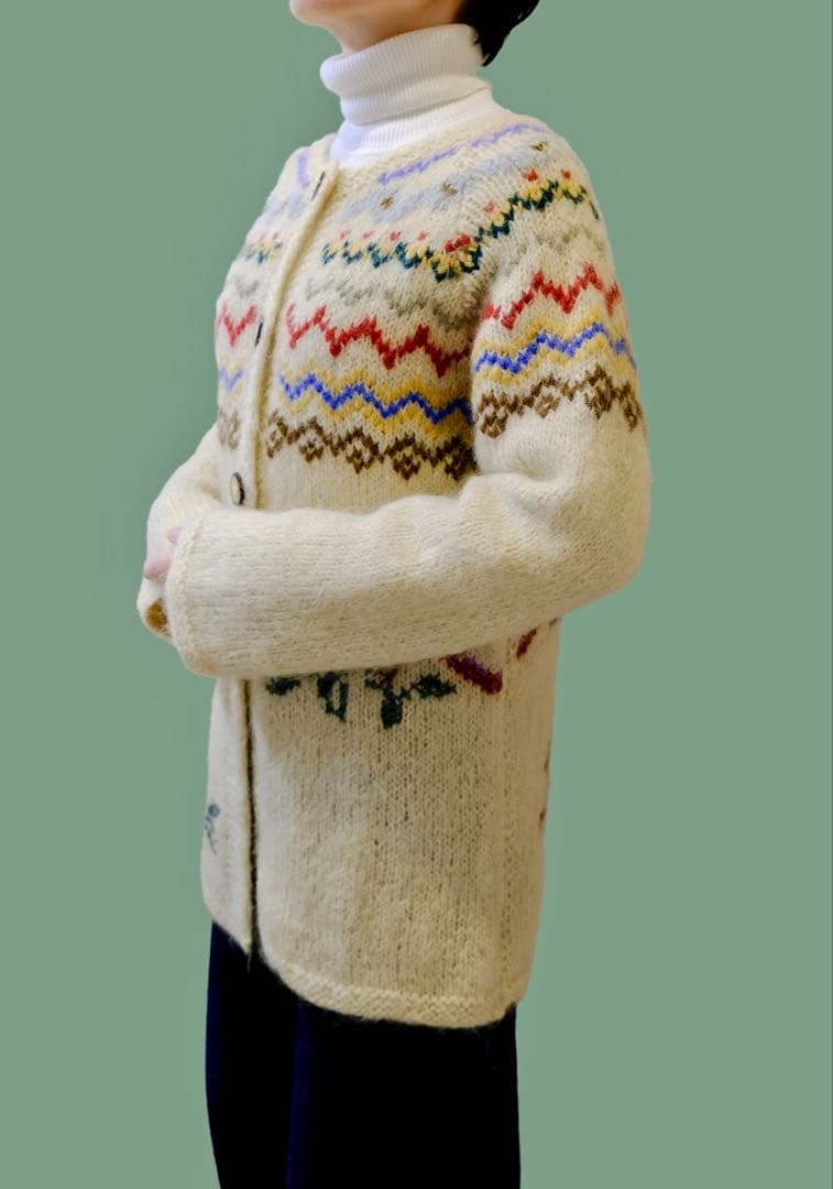 70s ユーロ ヴィンテージ クリーム色 ニット 古着 鳥刺繍 手編み 民族衣装