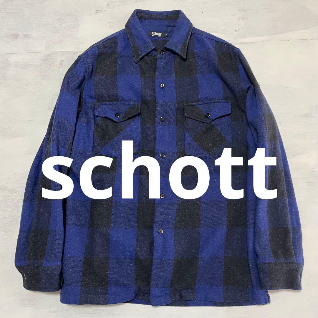 レア schott バッファローチェック ネルシャツ ウール ヘンプ 青×黒
