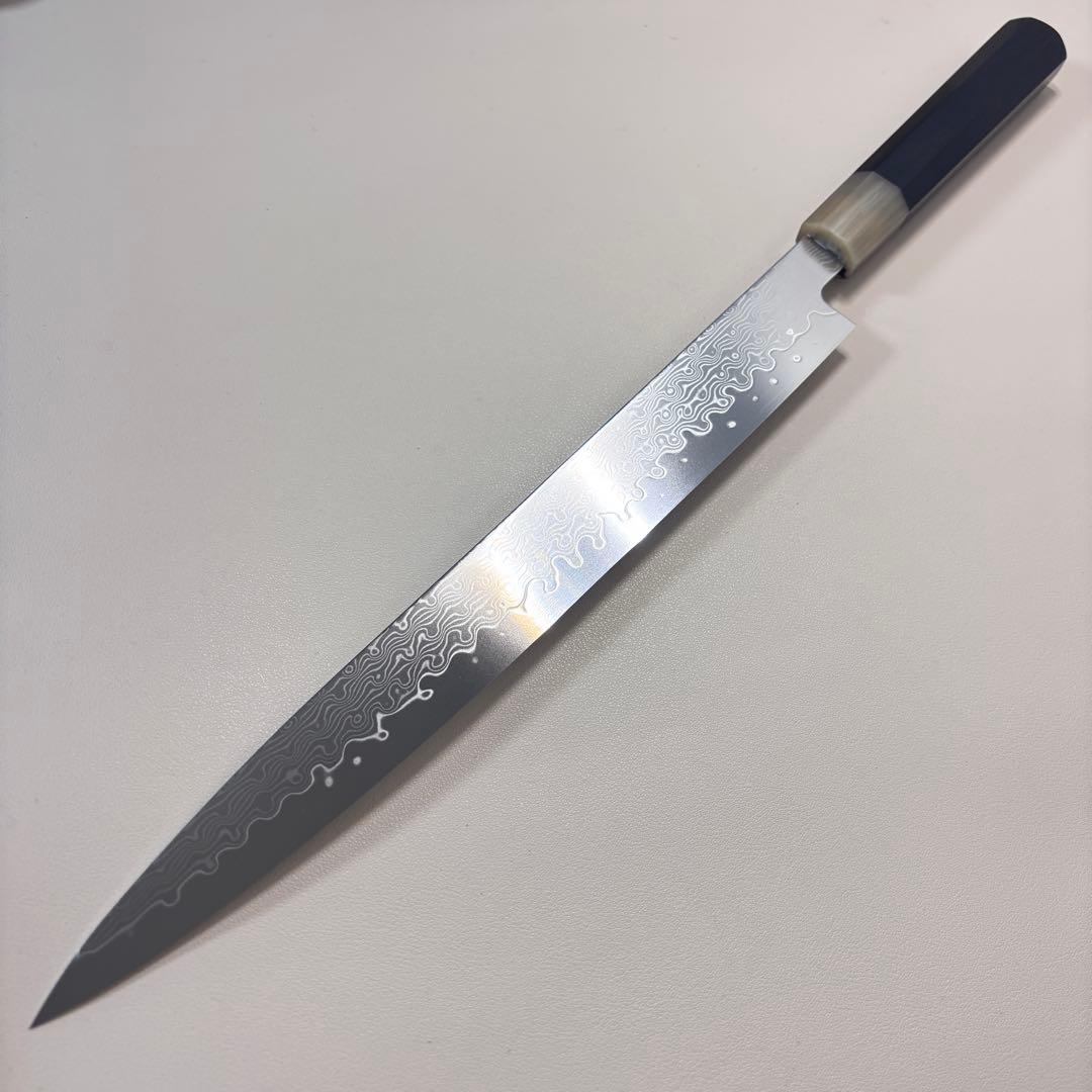 尺　300mm 墨流しダマスカス 柳刃包丁 黒檀本 牛八角柄　刺身包丁 和包丁︒