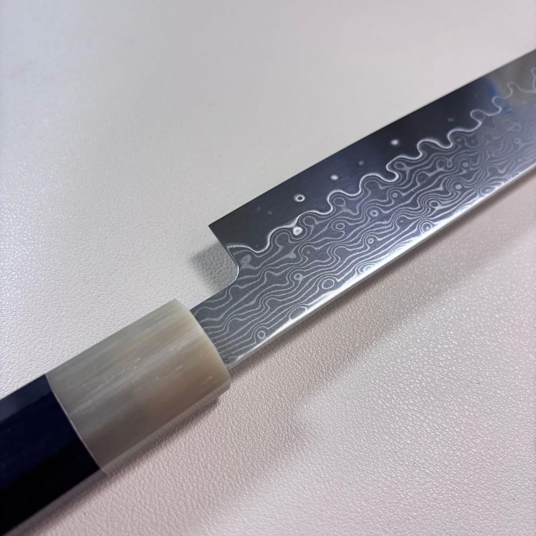 尺　300mm 墨流しダマスカス 柳刃包丁 黒檀本 牛八角柄　刺身包丁 和包丁︒
