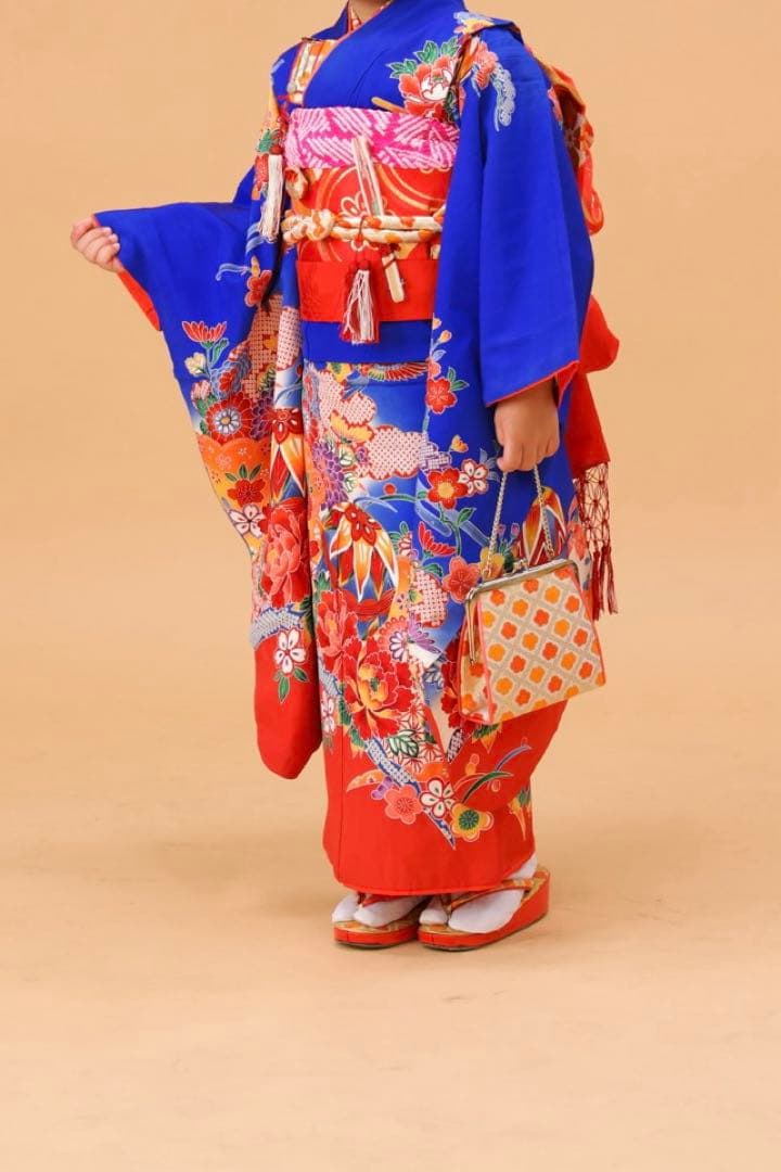 七五三 着物セット 青赤花柄　7歳