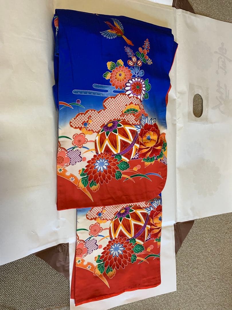 七五三 着物セット 青赤花柄　7歳