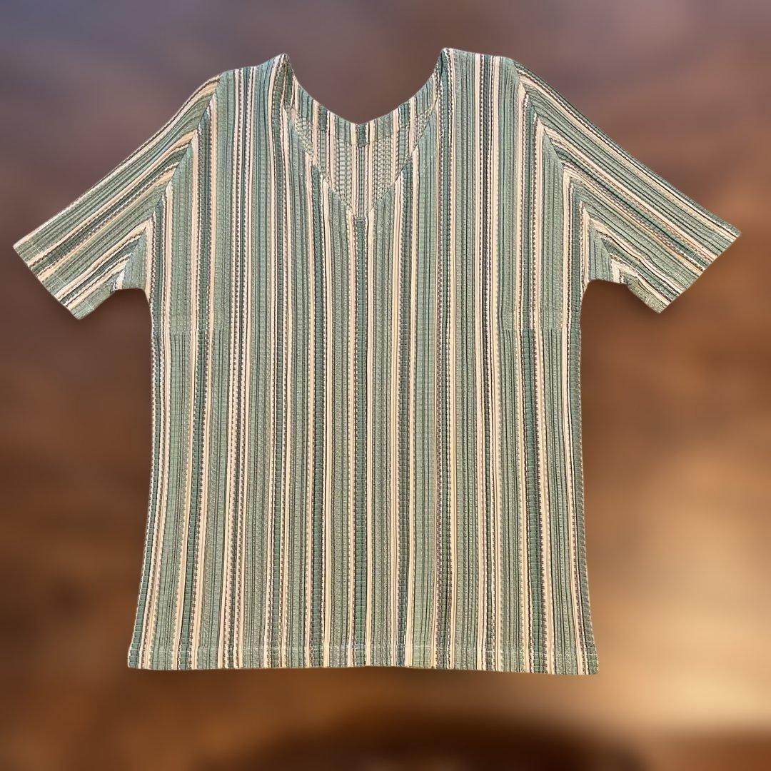 イッセイミヤケ プリーツプリーズ ストライプ Vネック 半袖シャツ