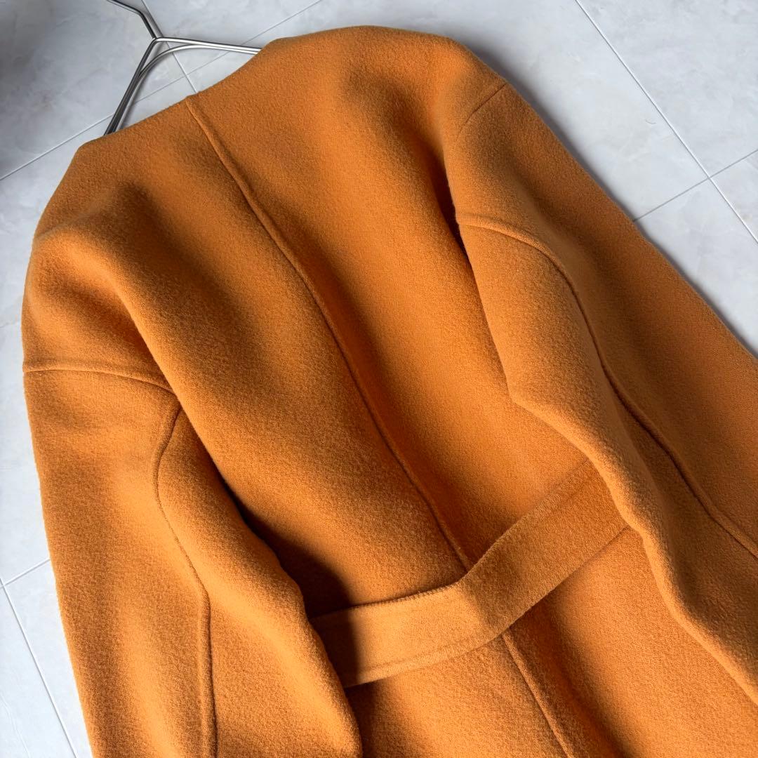 スピックアンドスパン ウール ノーカラーロングコート オレンジ 38 M ベルト