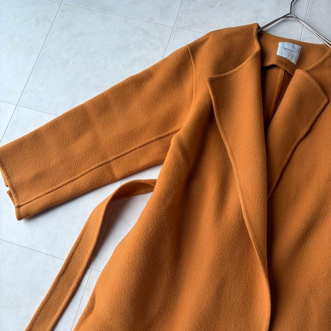 スピックアンドスパン ウール ノーカラーロングコート オレンジ 38 M ベルト