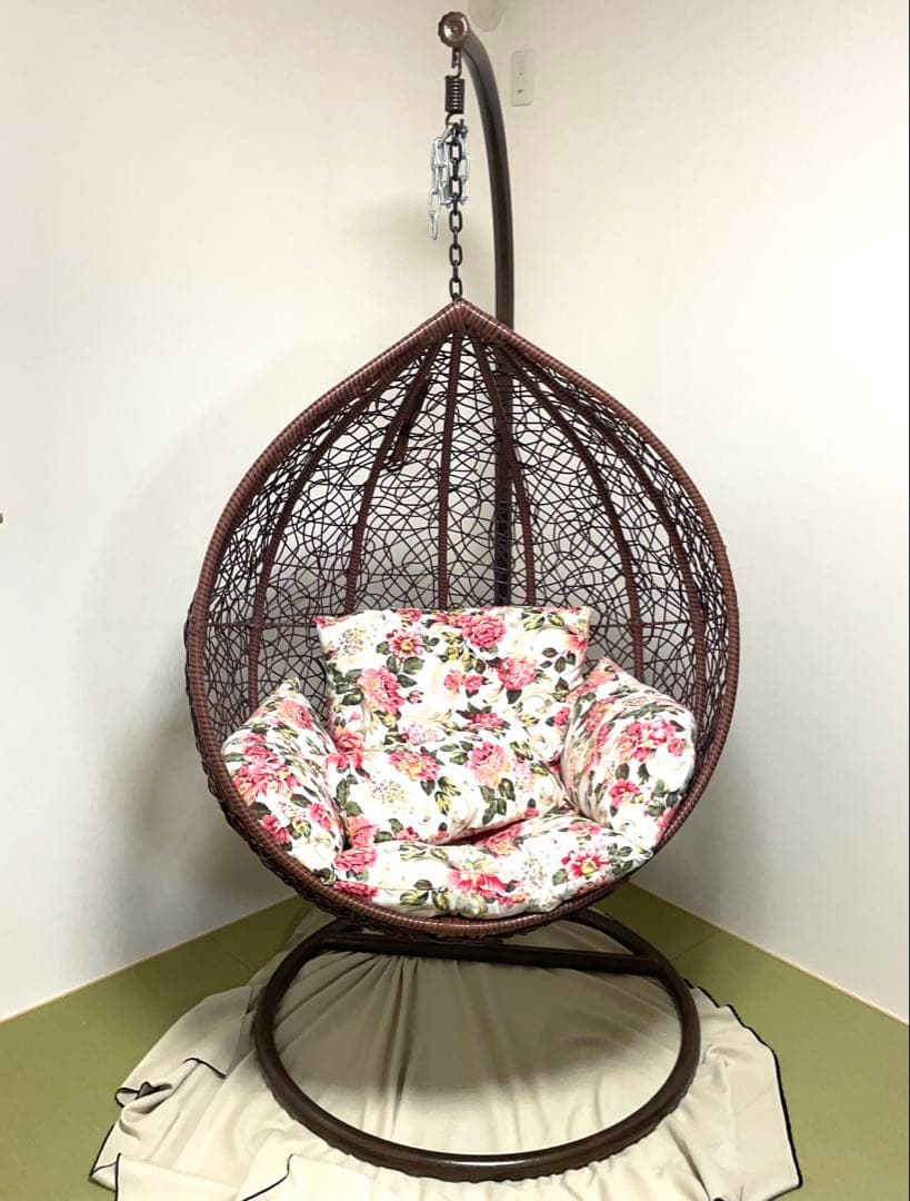 ◆【直接受渡し限定】ハンギングチェア 花柄クッション付き ブラウン