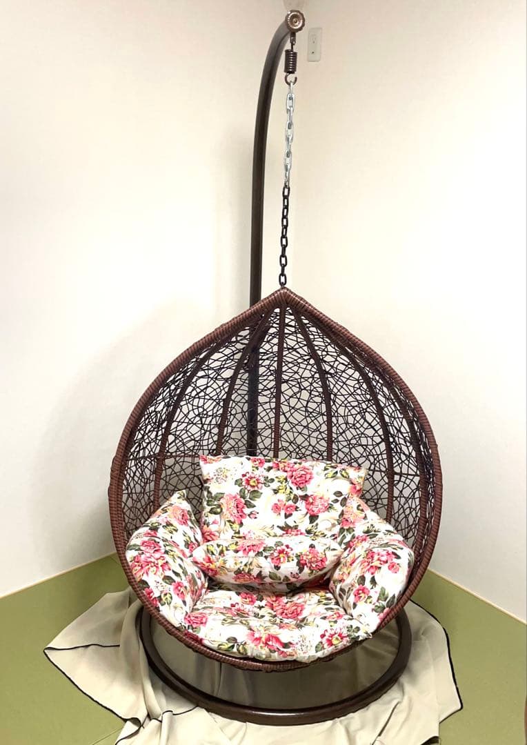 ◆【直接受渡し限定】ハンギングチェア 花柄クッション付き ブラウン
