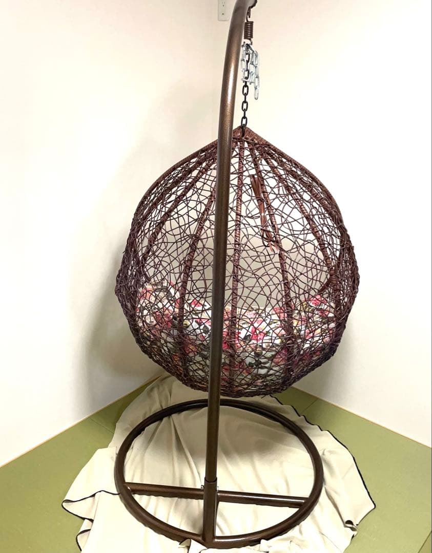 ◆【直接受渡し限定】ハンギングチェア 花柄クッション付き ブラウン