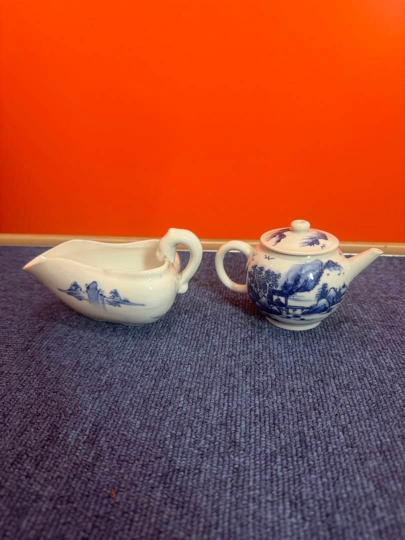 1683 平安白鳳　染付山水　急須1客　湯冷し1客