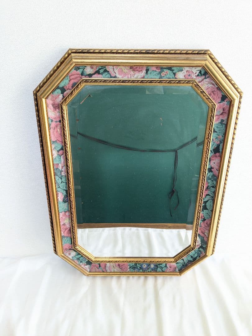 アンティーク 壁掛け 八角 ミラー 鏡 花柄 ヴィンテージ ゴールド