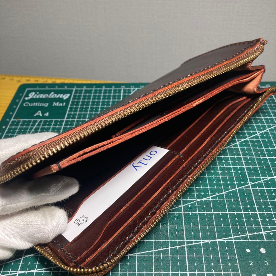 ハンドメイド　ブラウンヌメ革レザー長財布 ゴールドファスナー付き