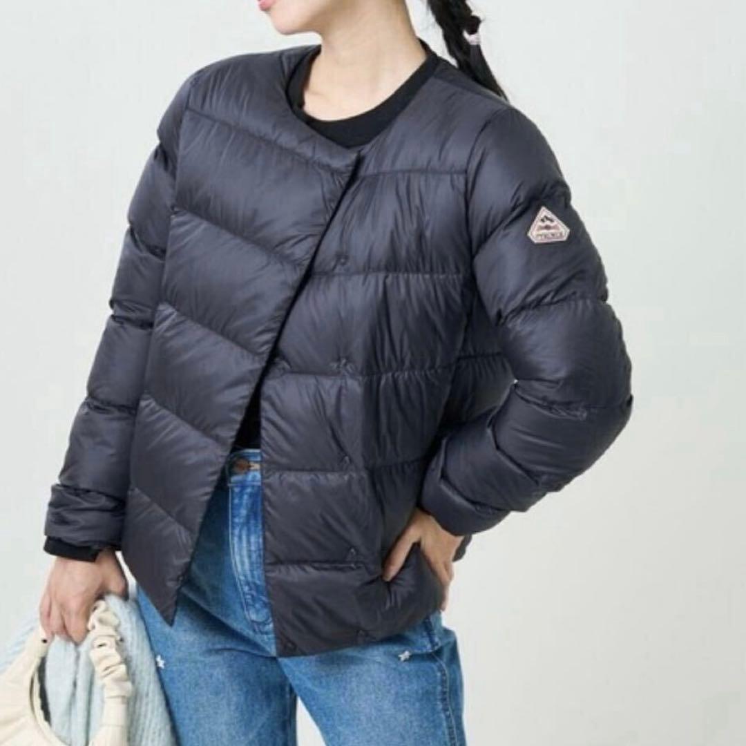 美品 ピレネックス カンヌ ノーカラーダウンジャケット 38 濃紺