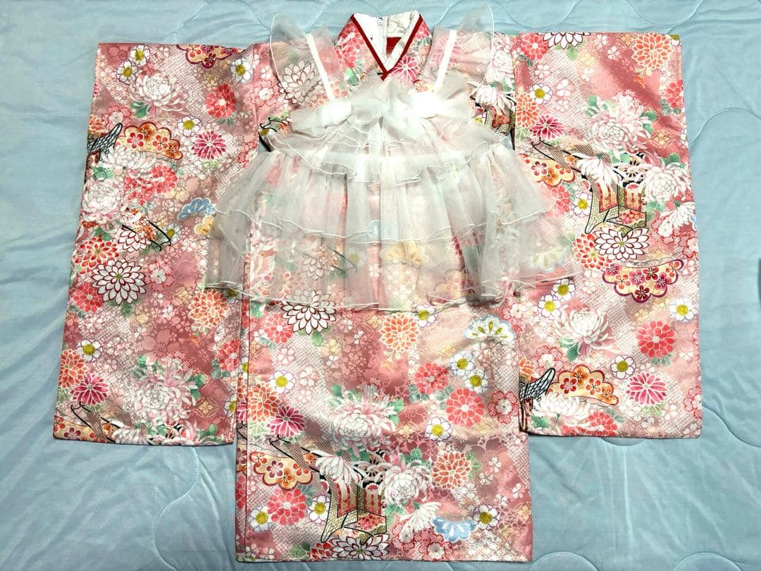 【キャサリンコテージ】チュールフリルエプロン着物ワンピース 100cm