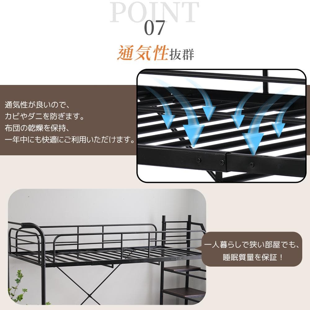 ロフトベッド（S） デスク付き　コンセント付x収納付き 耐荷重150　BLACK