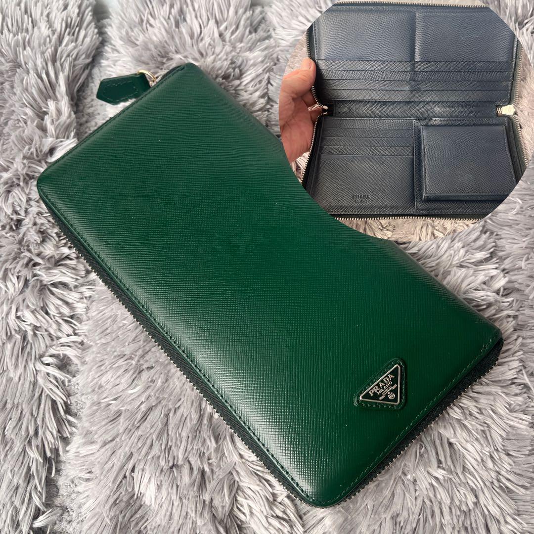 PRADA✨ラウンドファスナー　バイカラー　三角ロゴ　グリーン　ネイビー　メンズ