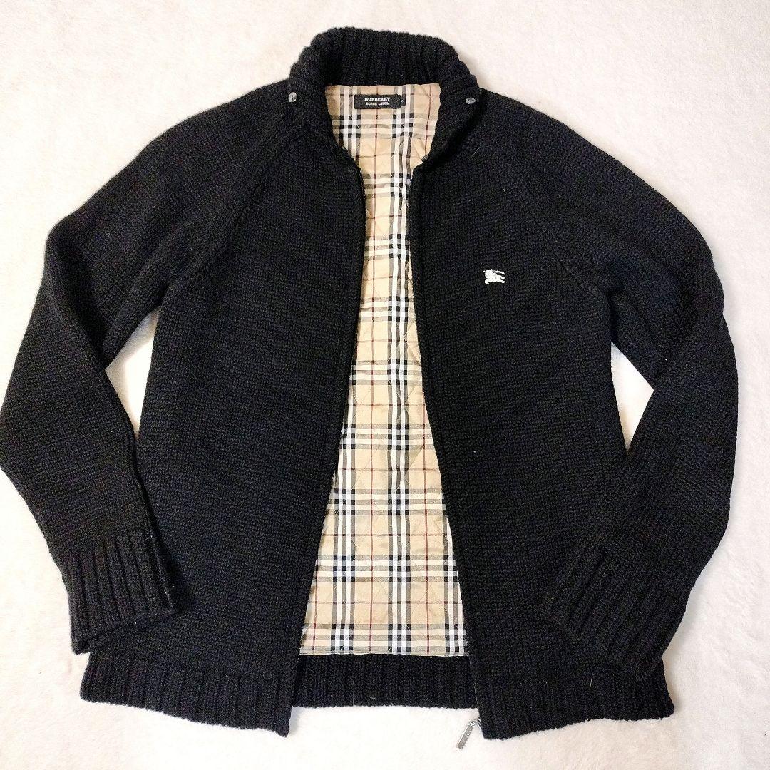 【美品】バーバリー　ニットジャケット　ジップアップ　羊毛　ノバチェック　黒