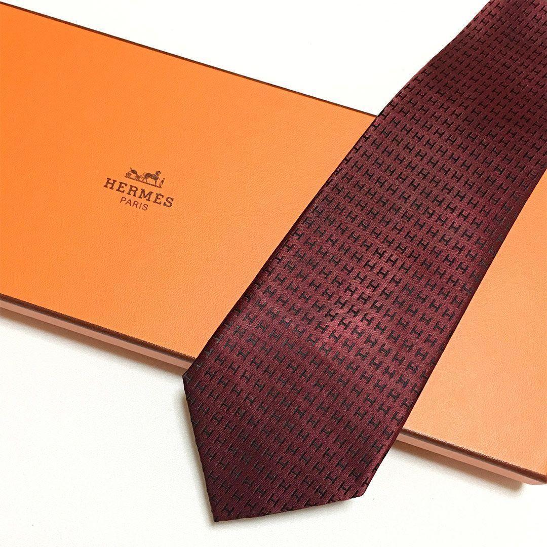 未使用級 H織りタイ ファソネH柄 エルメス HERMES ネクタイ ワイン