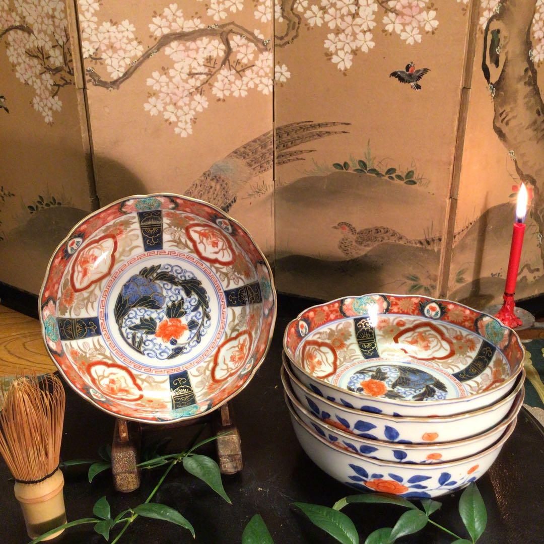 A575 古伊万里　極上赤絵　見込牡丹　窓絵鳳凰　筍干鉢　輪花型　金縁　5客