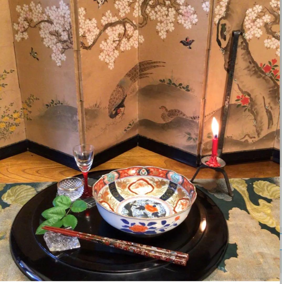 A575 古伊万里　極上赤絵　見込牡丹　窓絵鳳凰　筍干鉢　輪花型　金縁　5客