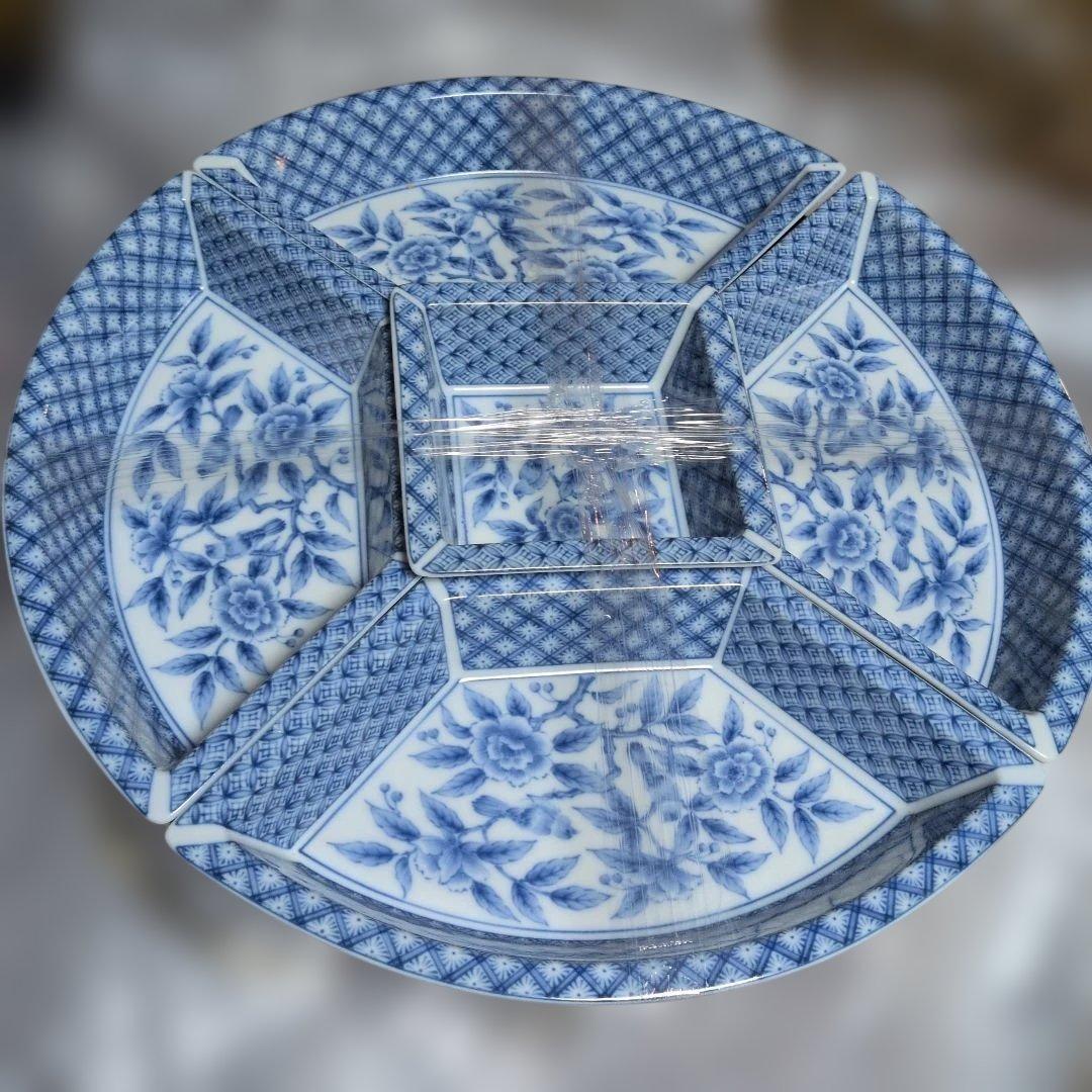 サラダ盛り 刺身盛り フルーツ盛り 料亭ホテル用 青い花柄の分割皿 5セクション