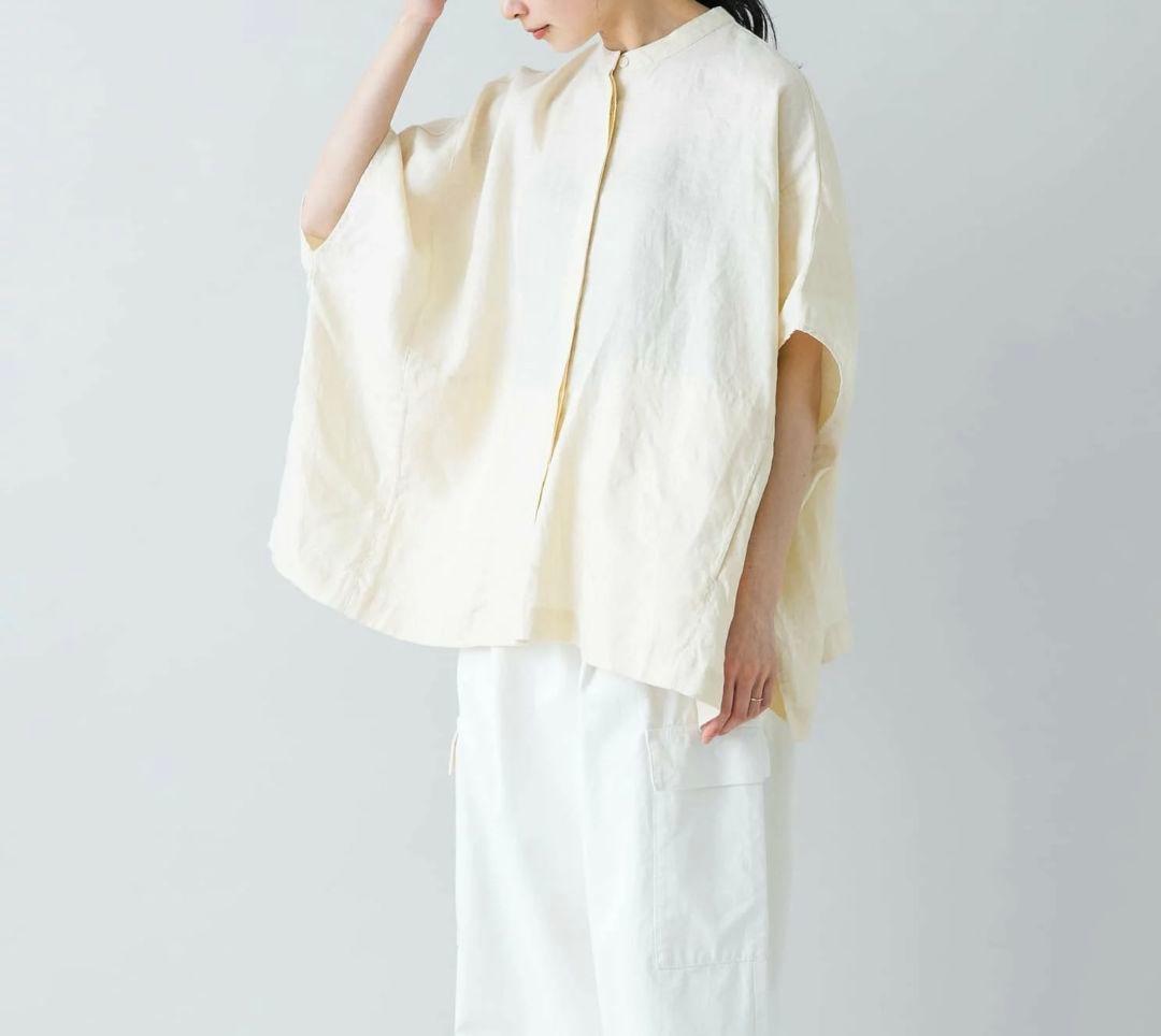 【即納】かぐれ　リネンスクエアケープシャツ　イエロー