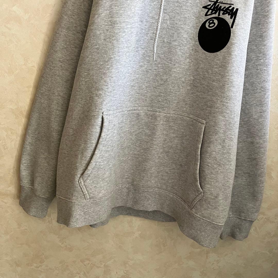 古着 ステューシー 両面ロゴ 8ボール パーカー グレー XL 裏地フリース