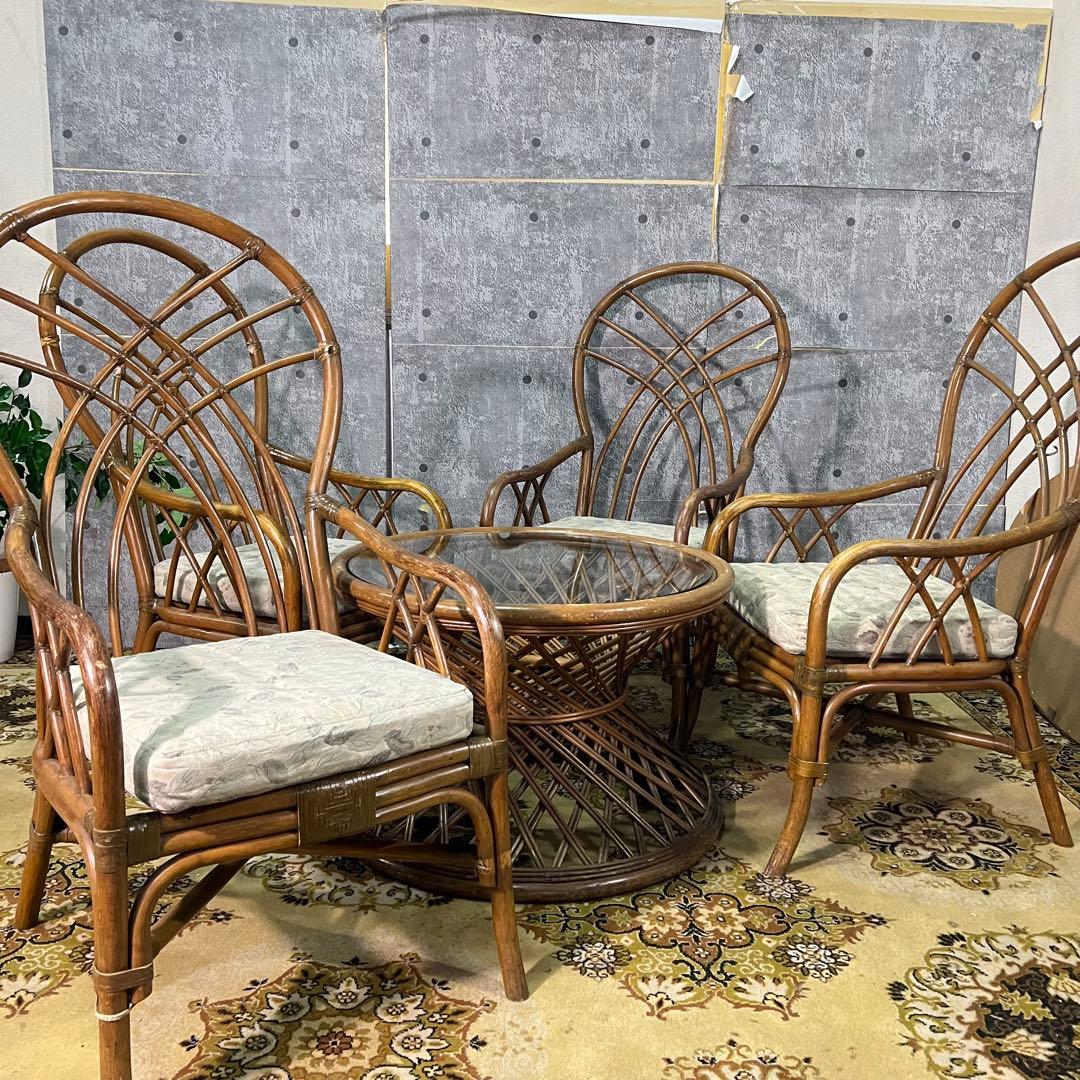 ꧁籐家具꧂コーヒーテーブル&チェア4脚セット ラタン 食卓机 椅子 昭和レトロ