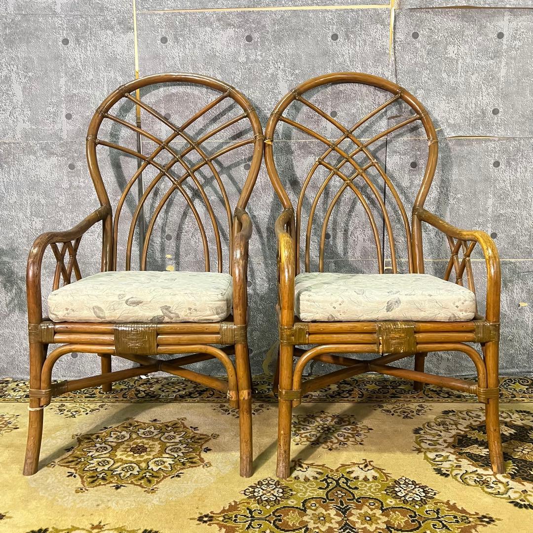 ꧁籐家具꧂コーヒーテーブル&チェア4脚セット ラタン 食卓机 椅子 昭和レトロ