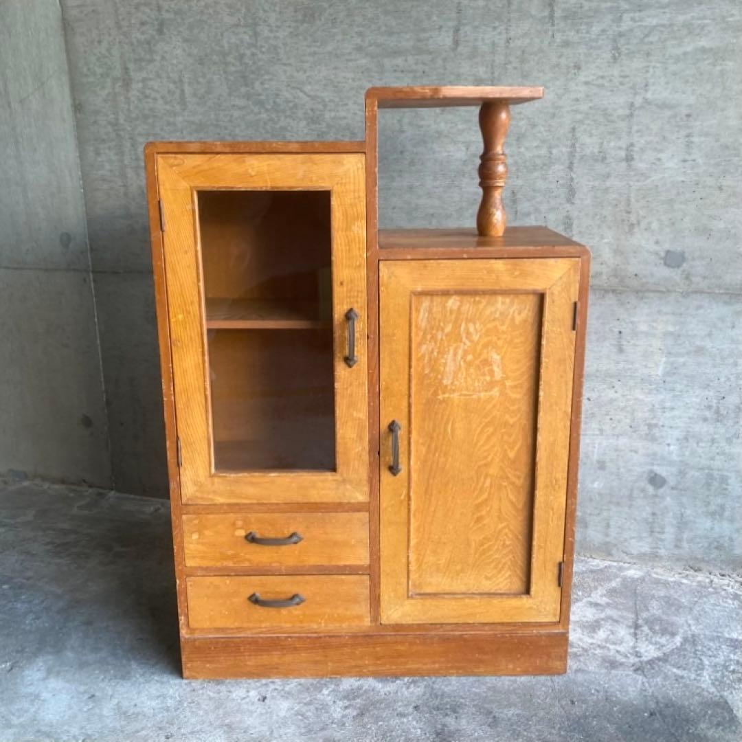 古いキャビネット ラック 飾り棚 違い棚 引き出し 扉 台 収納 木製 レトロ