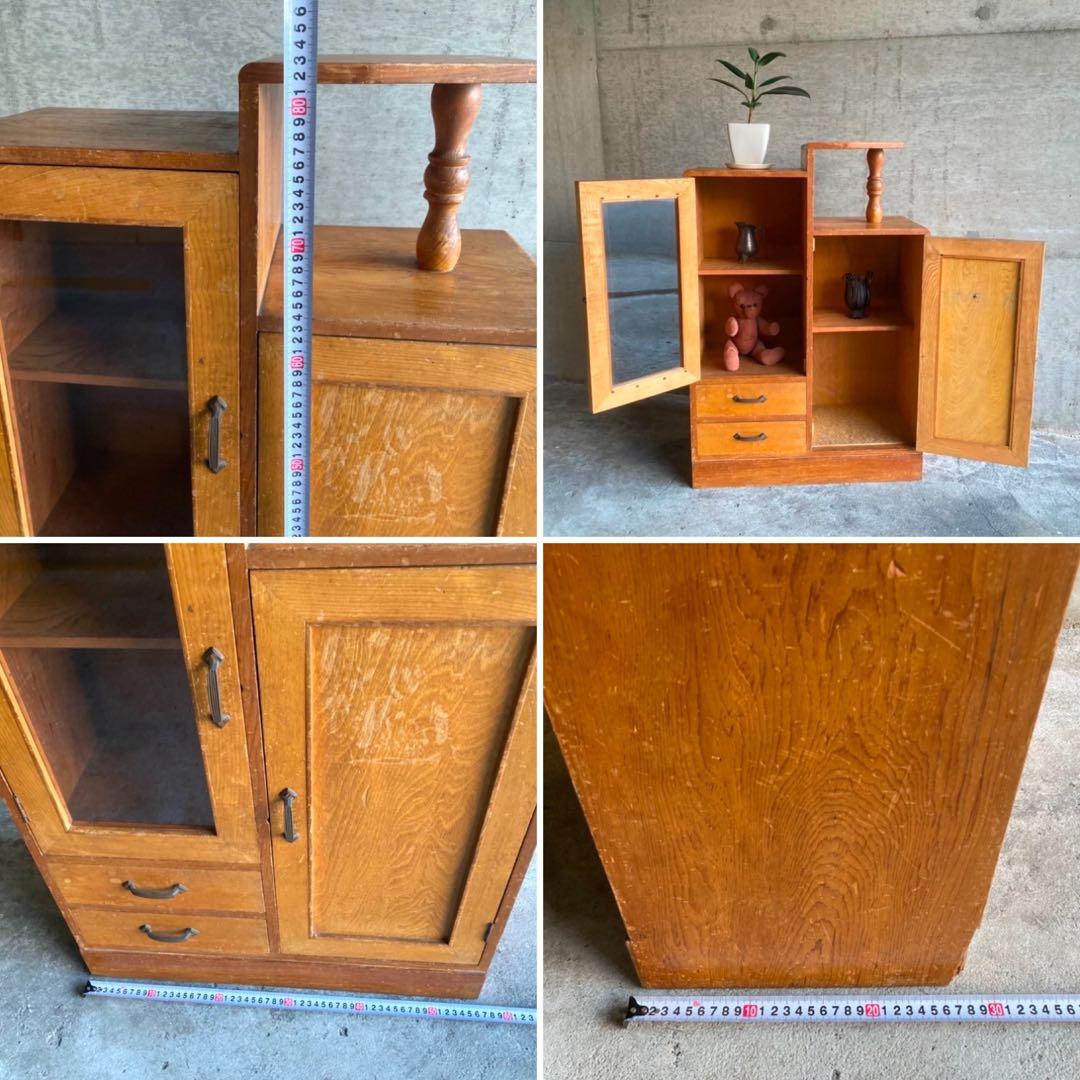 古いキャビネット ラック 飾り棚 違い棚 引き出し 扉 台 収納 木製 レトロ