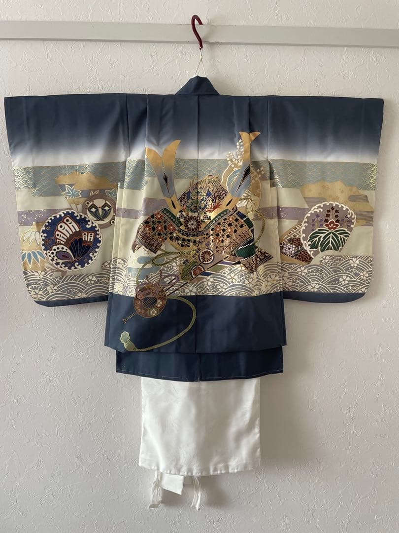 七五三　5歳　羽織　袴セット　ネイビーグレー色コーデ