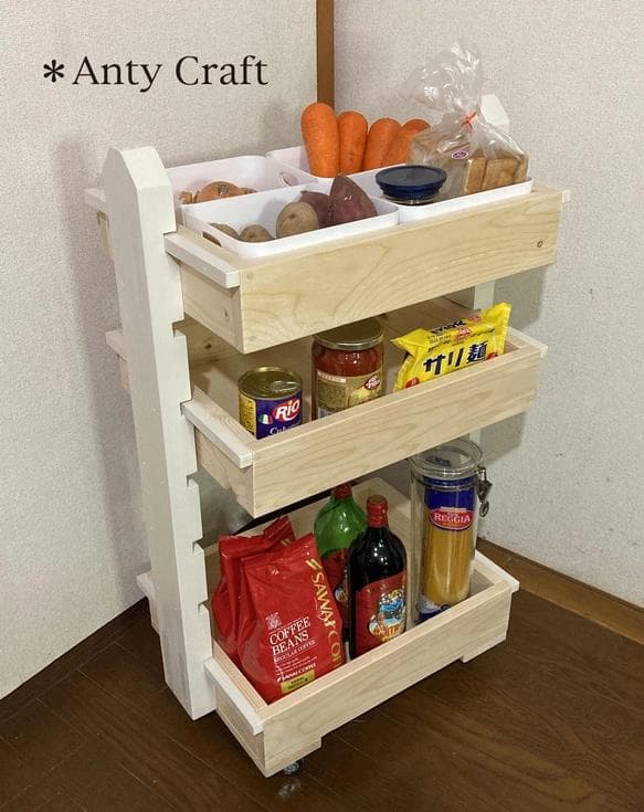 【引取可能】可動棚付キッチンワゴン キャスター付 3段収納 N/W 完成品