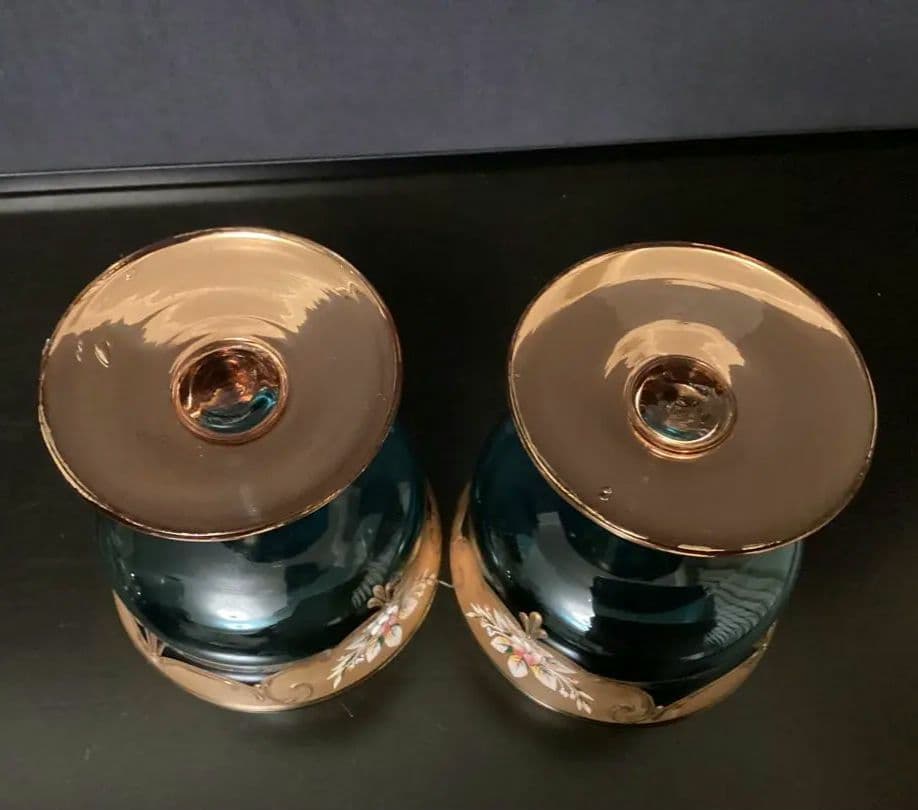 ベネチアングラス　金色とブルーのエレガントなデザインの手描き花柄グラス③④