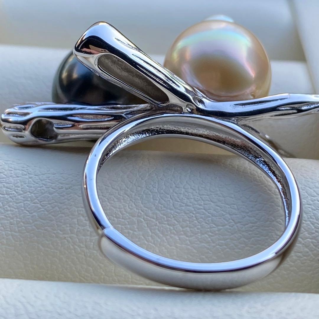 本真珠　南洋黒蝶真珠&白蝶真珠ダブルリング「鳥と枝」グリーンゴールドL1268