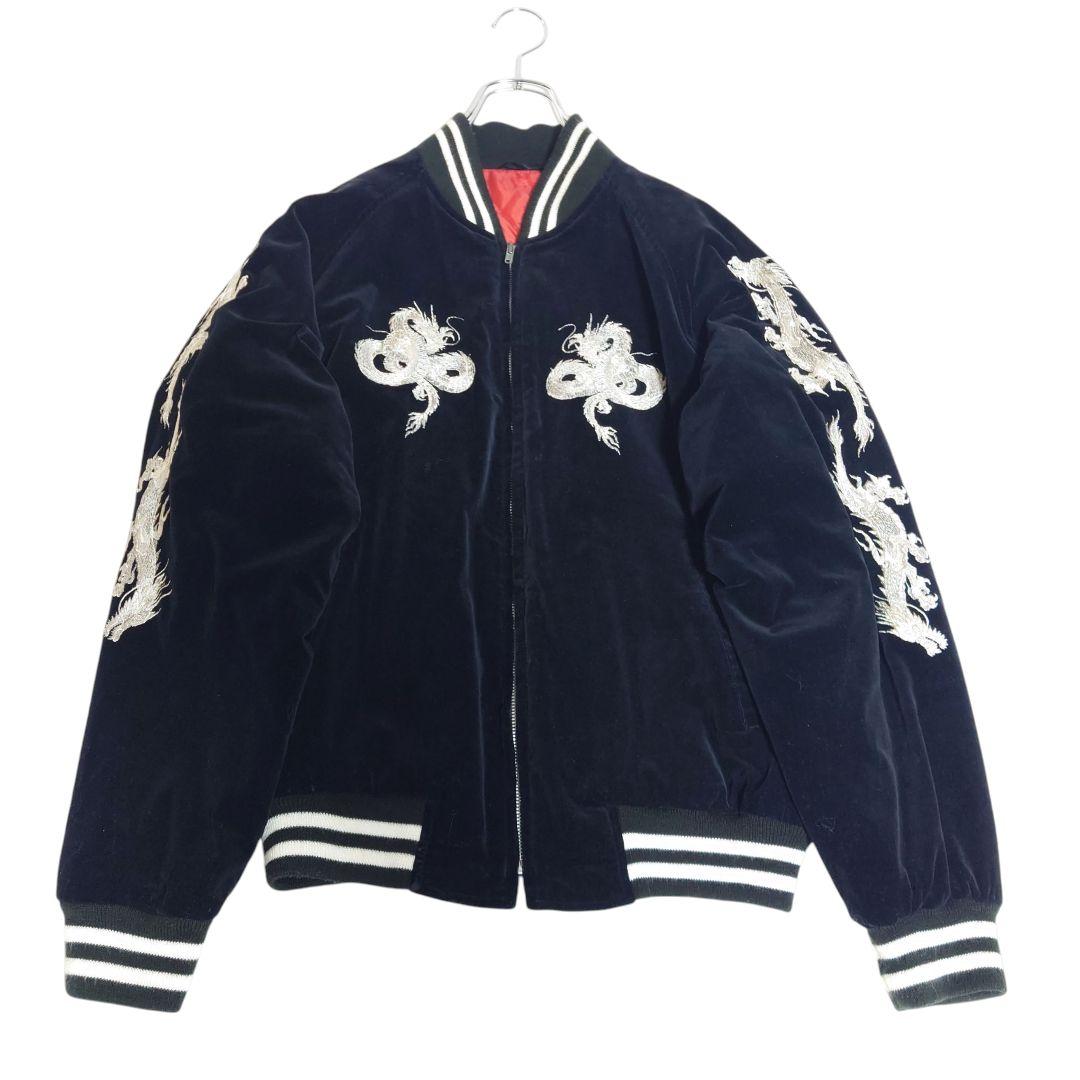 【豪華刺繍】 ヴィンテージ 龍 ベロア スカジャン キルティング LL 黒 赤