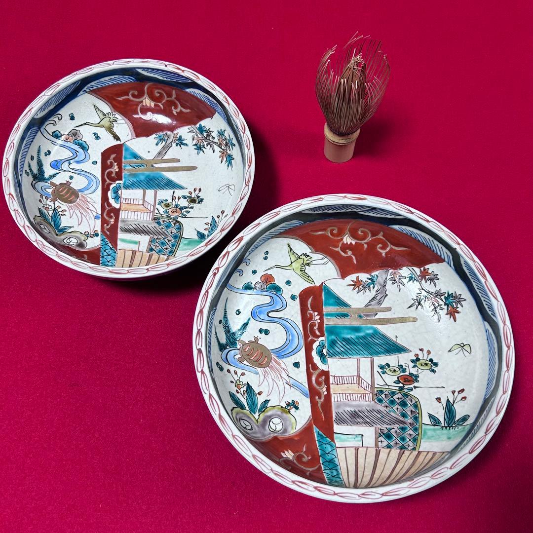 古伊万里 染錦 鶴亀 吉祥紋 色絵鉢 二重高台 明治時代物 アンティーク