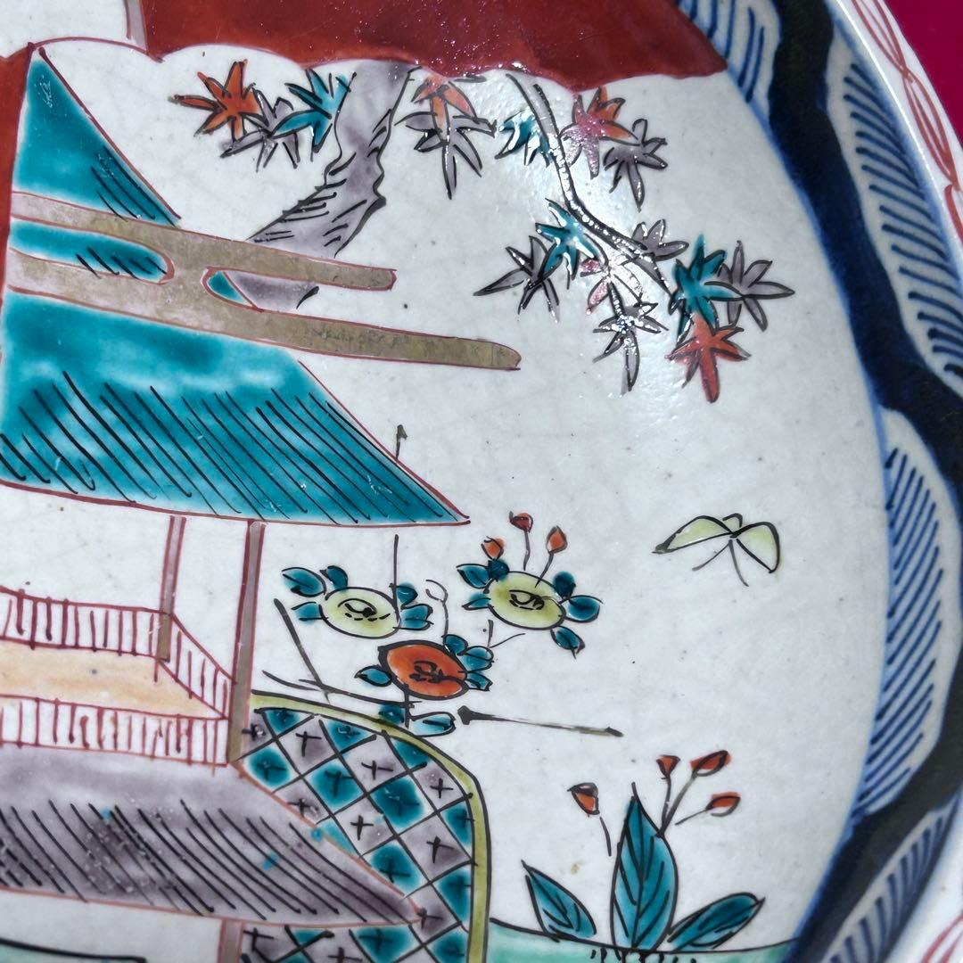 古伊万里 染錦 鶴亀 吉祥紋 色絵鉢 二重高台 明治時代物 アンティーク
