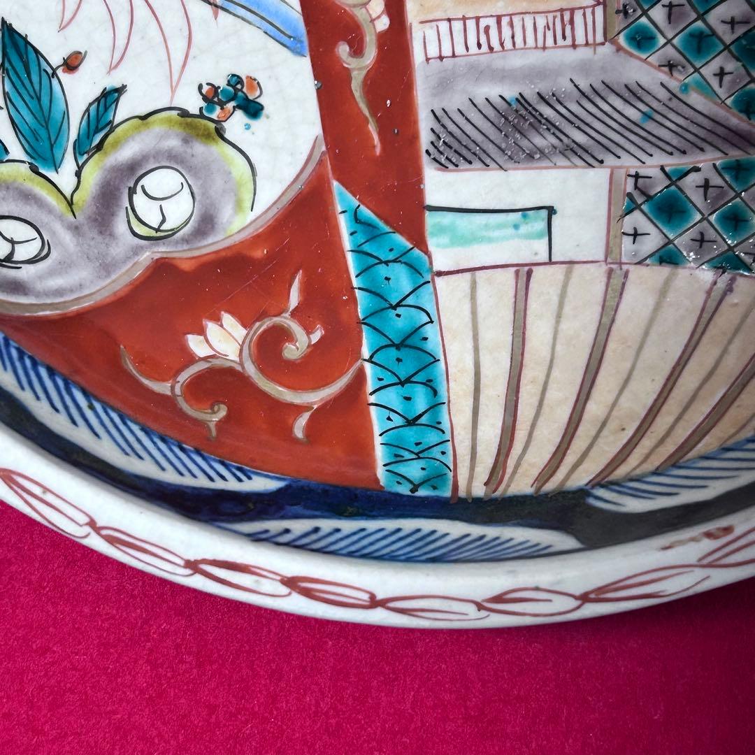 古伊万里 染錦 鶴亀 吉祥紋 色絵鉢 二重高台 明治時代物 アンティーク