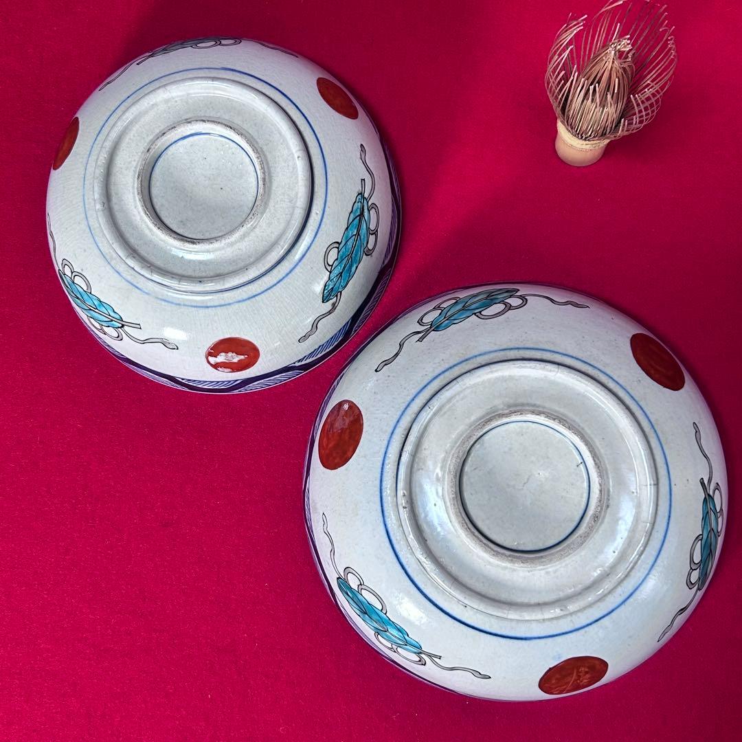 古伊万里 染錦 鶴亀 吉祥紋 色絵鉢 二重高台 明治時代物 アンティーク