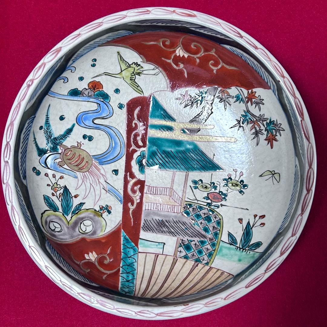 古伊万里 染錦 鶴亀 吉祥紋 色絵鉢 二重高台 明治時代物 アンティーク