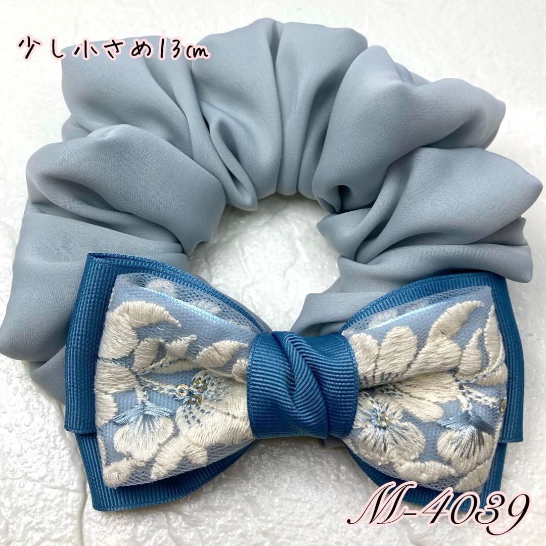 ハンドメイドシュシュM-4039♡サックスジョーゼット♡インド刺繍リボン付♡