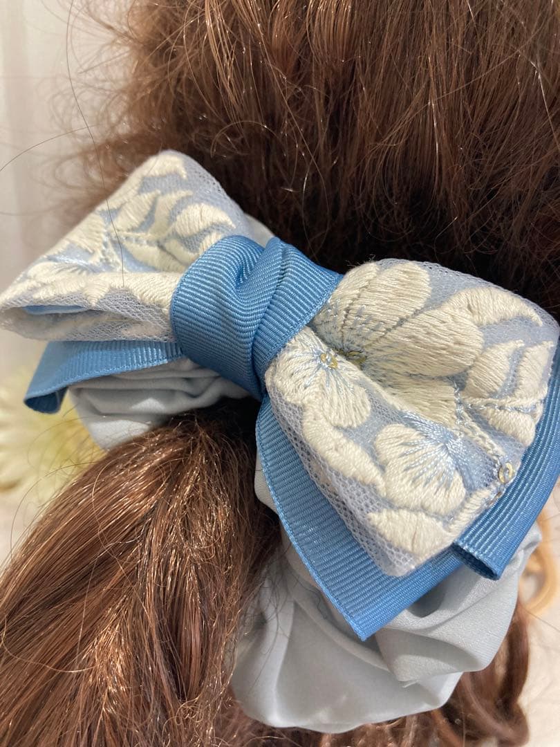 ハンドメイドシュシュM-4039♡サックスジョーゼット♡インド刺繍リボン付♡